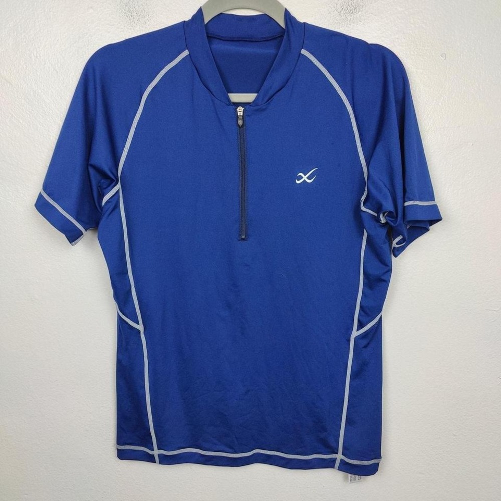 CW-X Cycling Jersey Mens Medium Blue Shirt 1/4 Zip Short‎ Sleeve Activewear